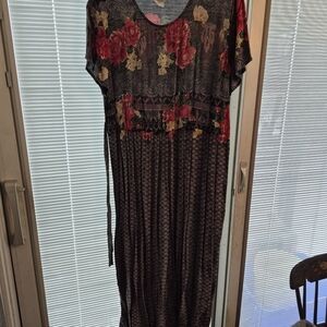 Vintage Just In Thyme Floral Maxi Dress with Red and Black Accents Rayon Size 14